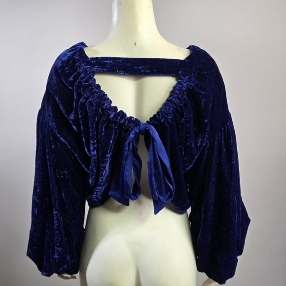 Free People Royal Blue Crop Velvet Renaissance Romantic Blouson Sleeve Holiday - Picture 4 of 7